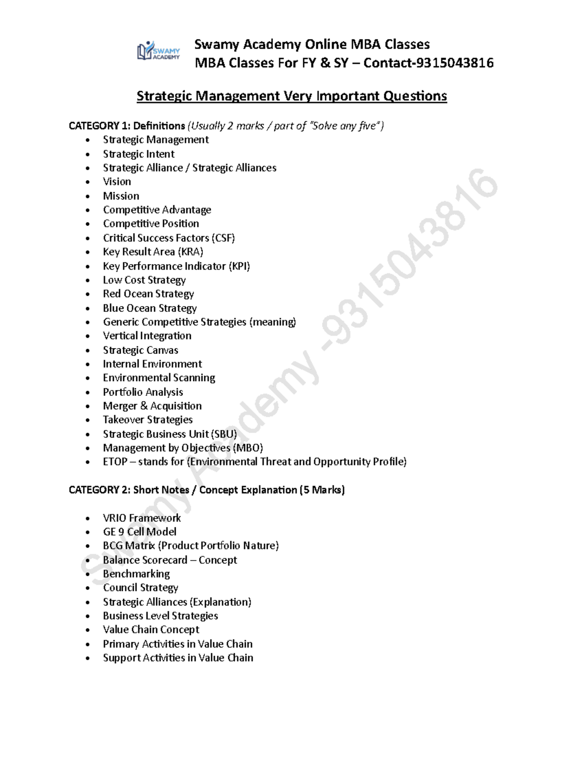 SM IMP - Important Questions for Strategic Management MBA Classes - Studocu