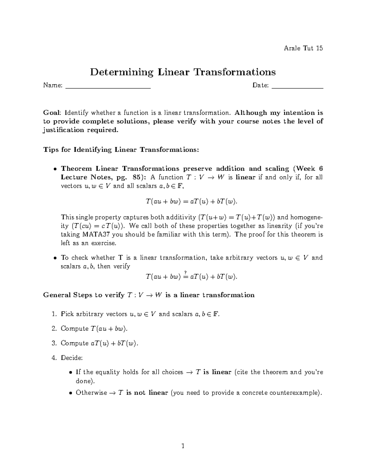 MATA37 Final Exam Notes: Identifying Linear Transformations - Studocu