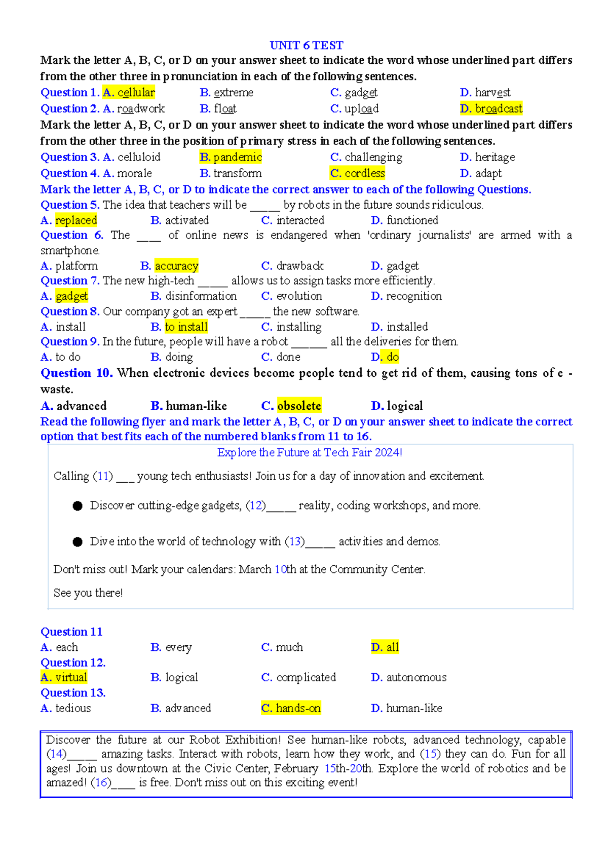 GV UNIT 6 TEST 1 - Pronunciation and Vocabulary Exercises - Studocu