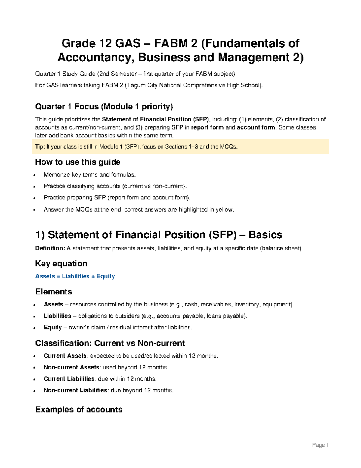 Grade 12 GAS FABM 2 Quarter 1 Study Guide: Statement of Financial ...