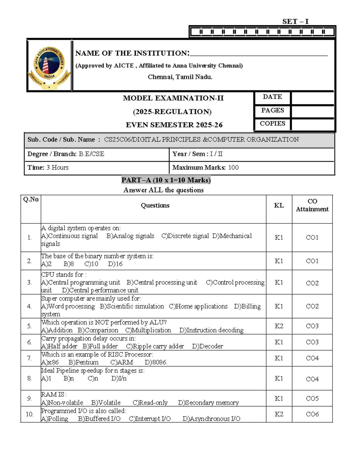 Model Exam DPCO SET I - Principles of Organization Questions - Studocu