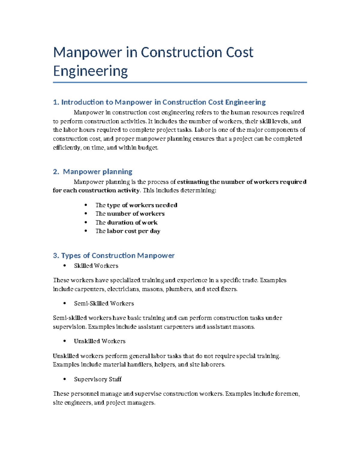 Manpower in Construction Cost Engineering: An Overview and Planning ...
