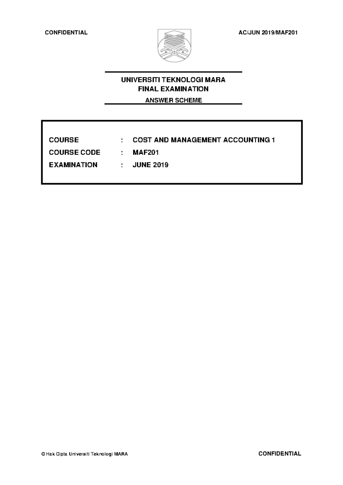 MAF201 Final Exam Answer Scheme - Cost and Management Accounting 1 ...