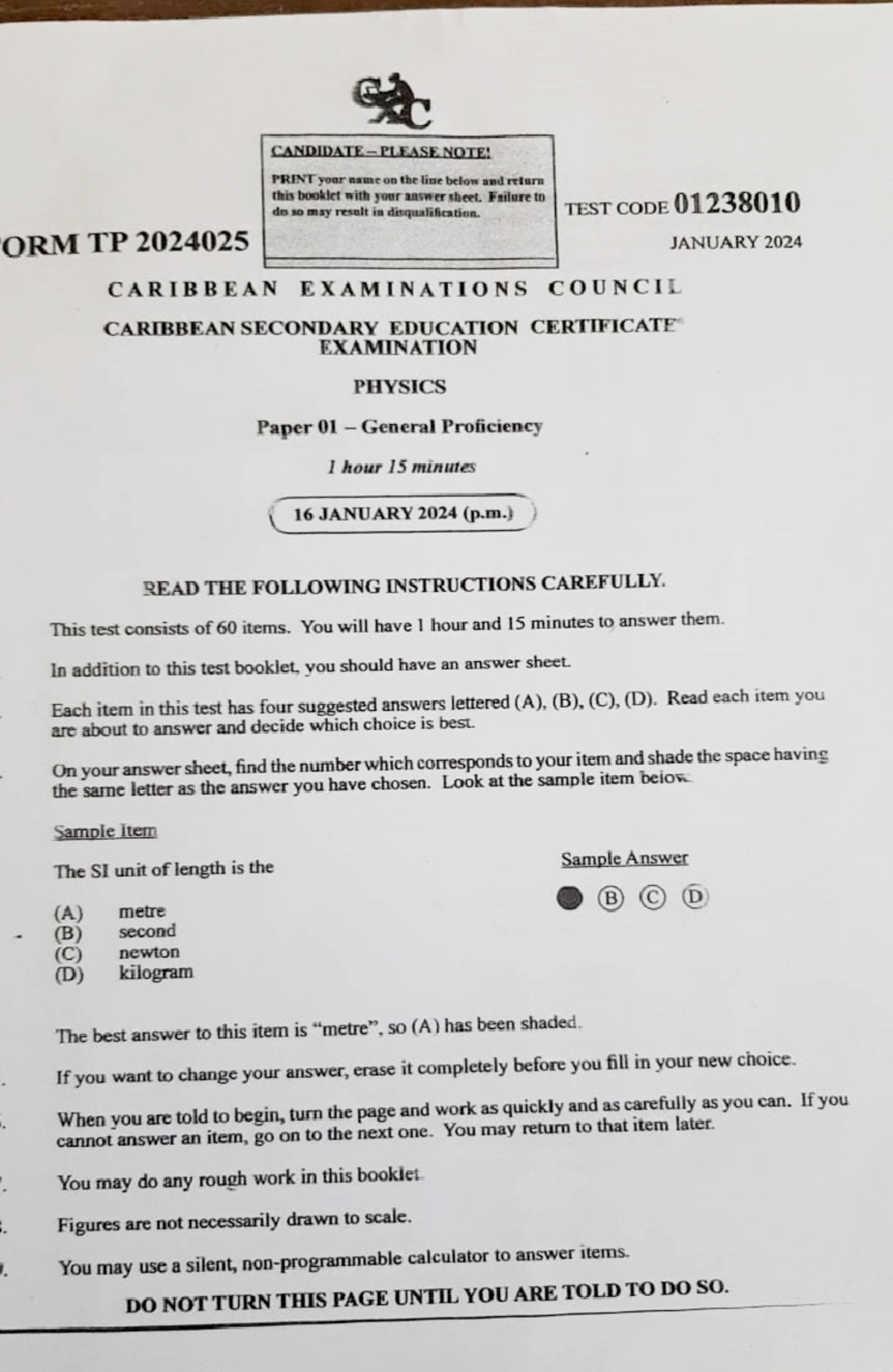 CSEC Physics Paper 01 General Proficiency Exam January 2024 - Studocu
