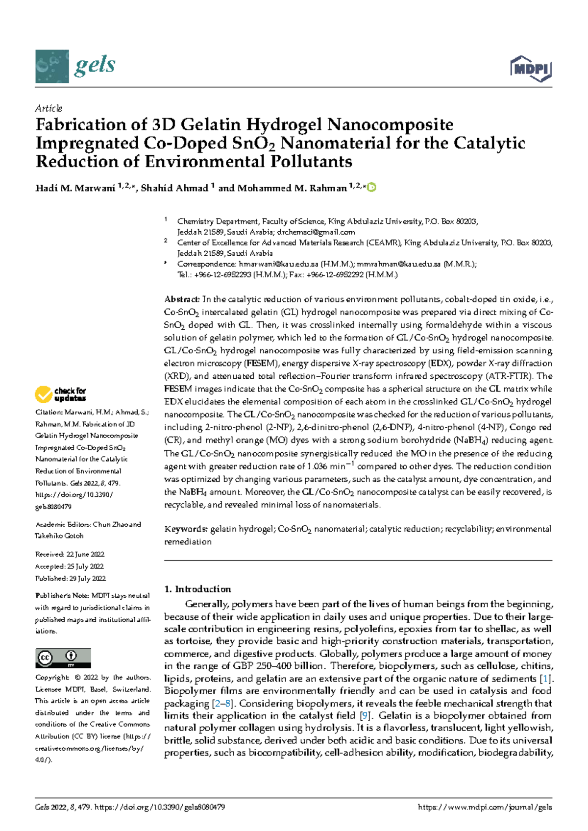 Fabrication of 3D Gelatin Hydrogel Nanocomposite with SnO2 for ...