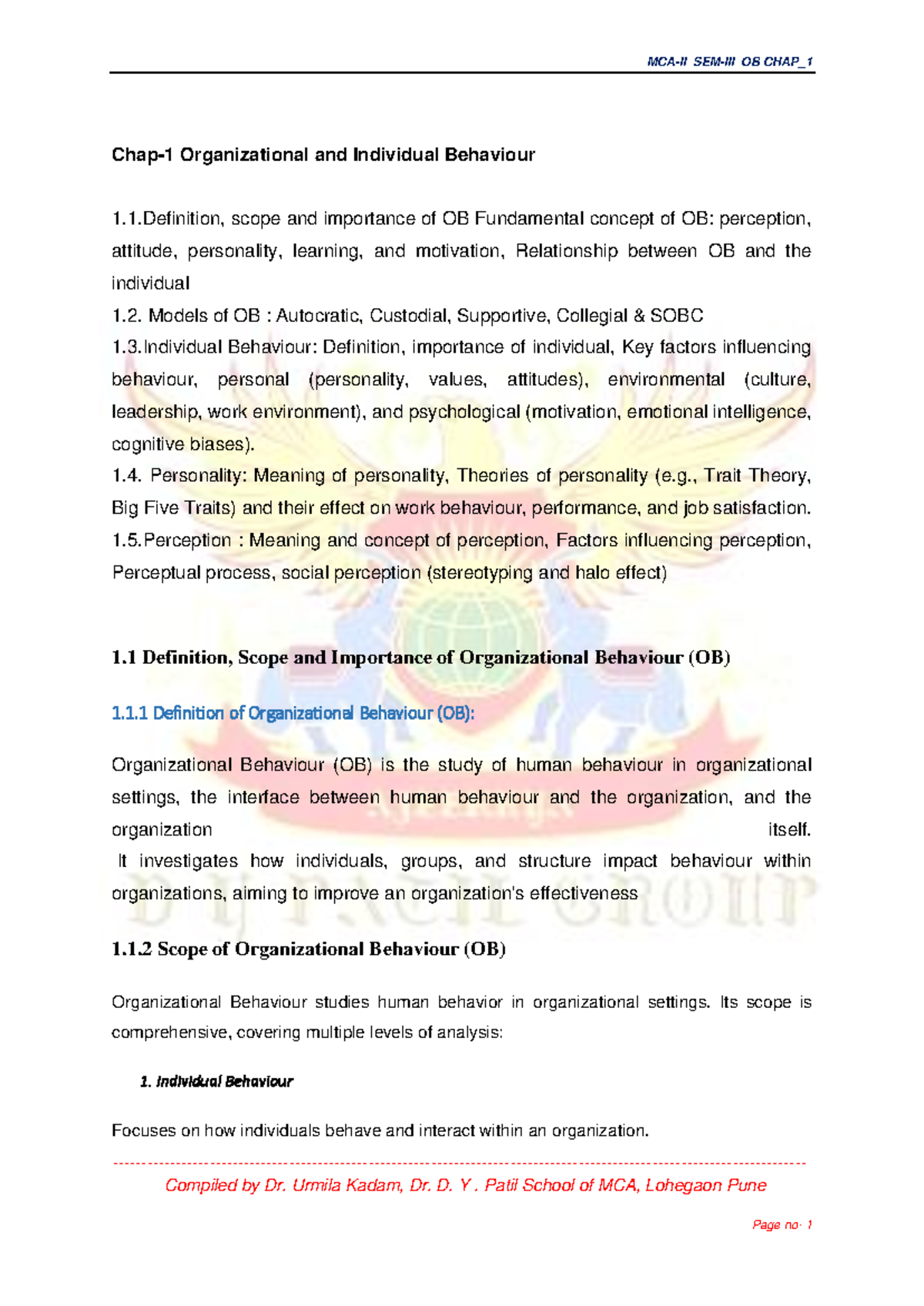 OB CHAP_1 Organizational Behaviour: Key Concepts and Models - Studocu