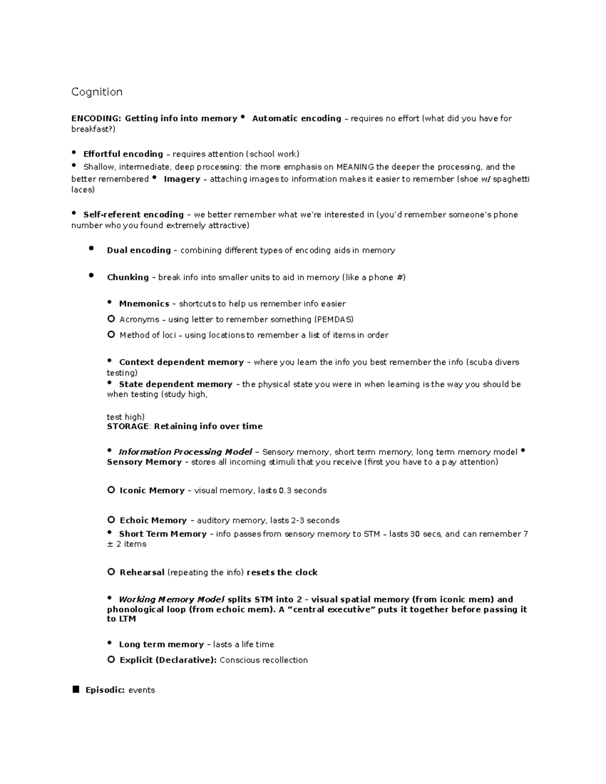 Cognition Study Notes - Key Concepts and Memory Techniques - Studocu