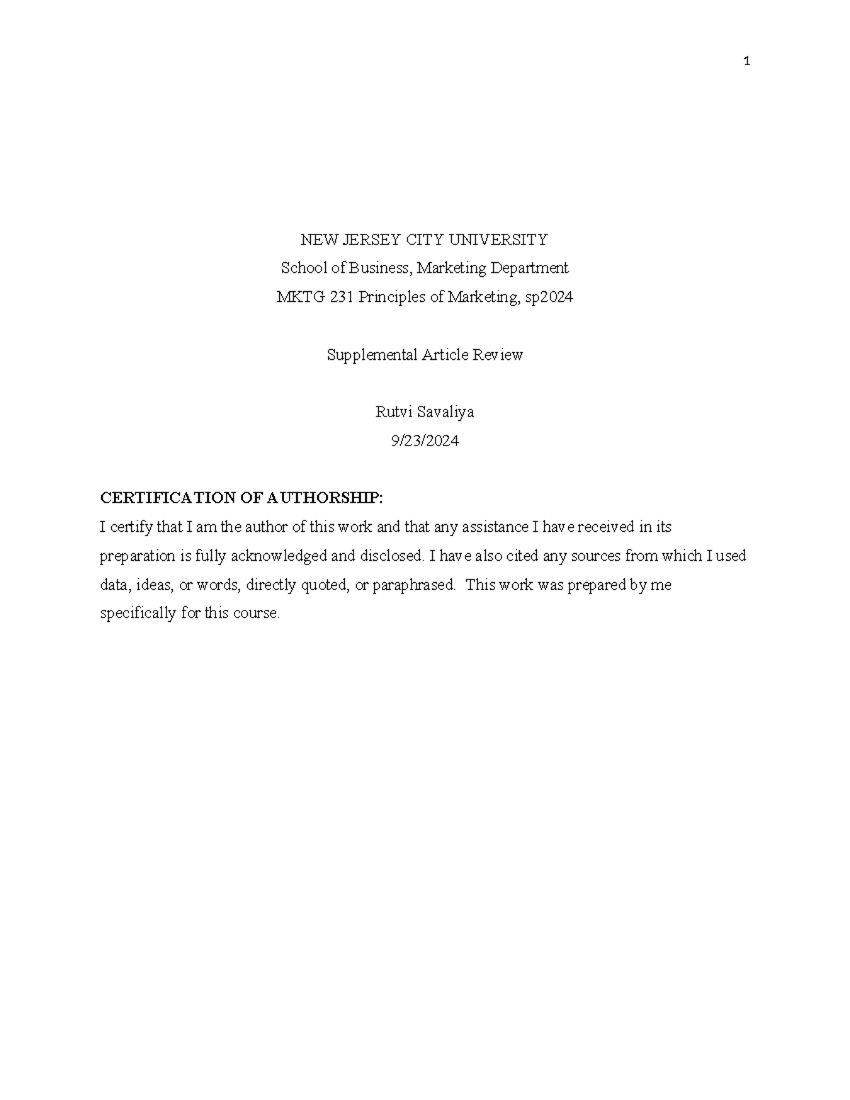 MKTG 231 Supplemental Article Review on 