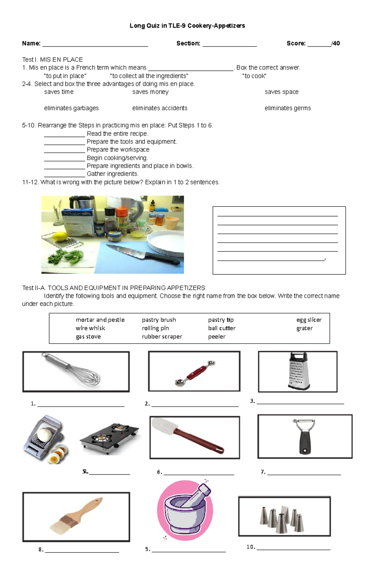 Quiz On Tle 9 Cookery Appetizers Long Quiz Format Studocu