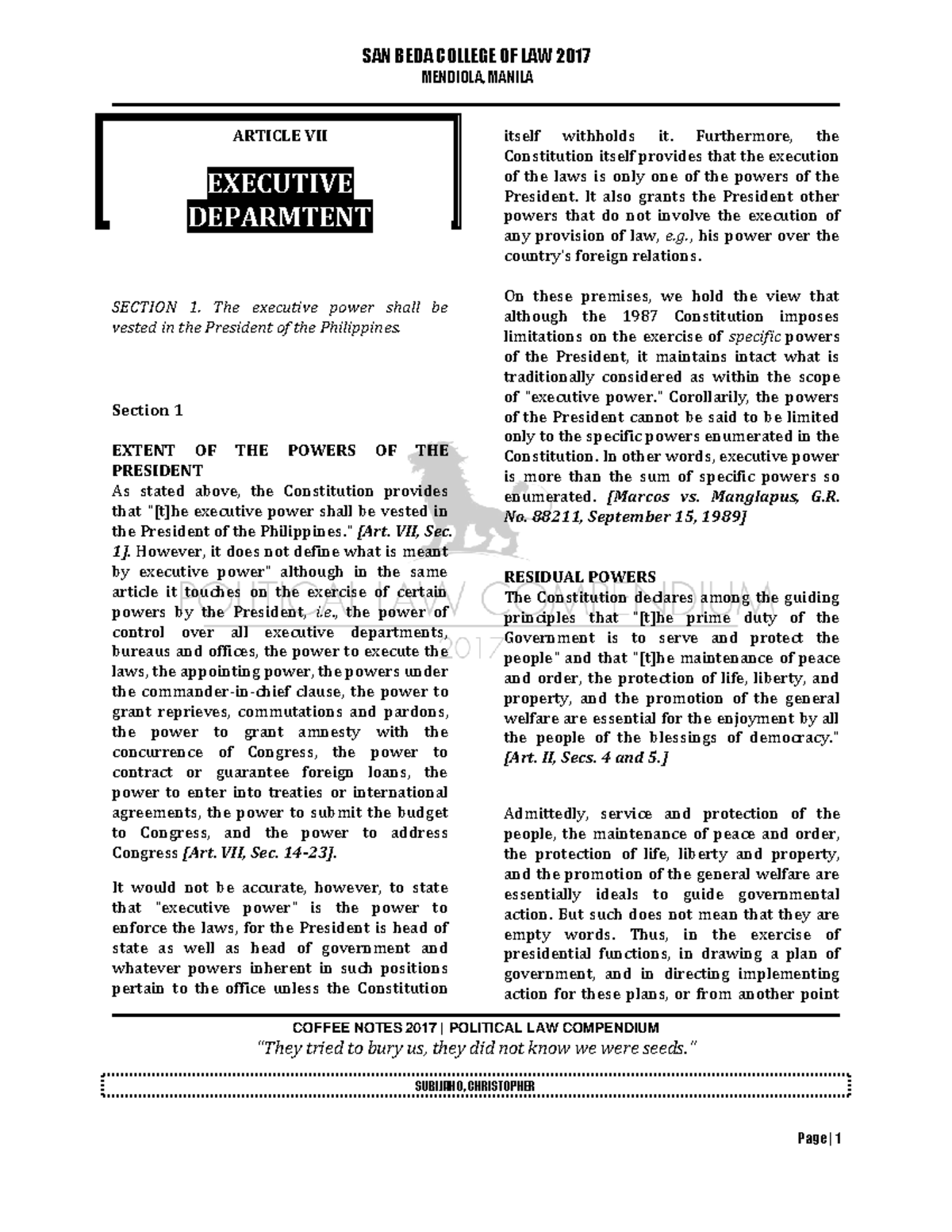 Political Law Notes: Executive Powers & Immunity (SAN BEDA COLLEGE OF ...