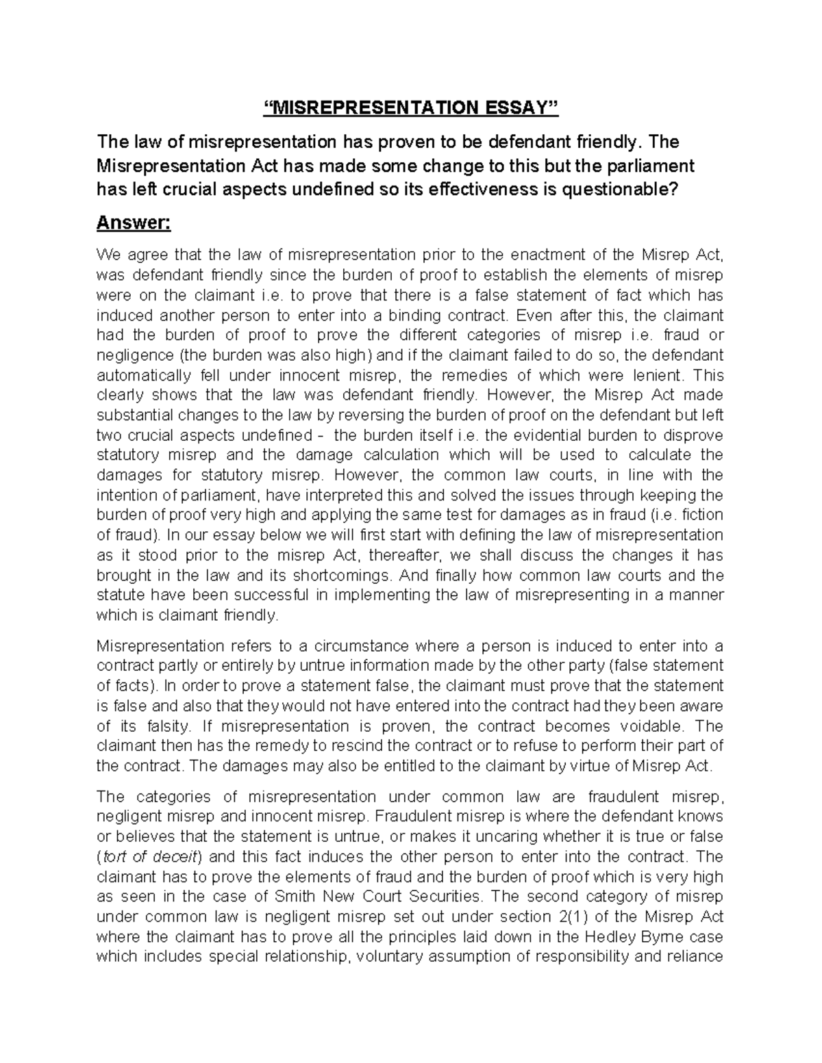 Misrepresentation Law Essay: Examining the Misrep Act and Its Impact ...