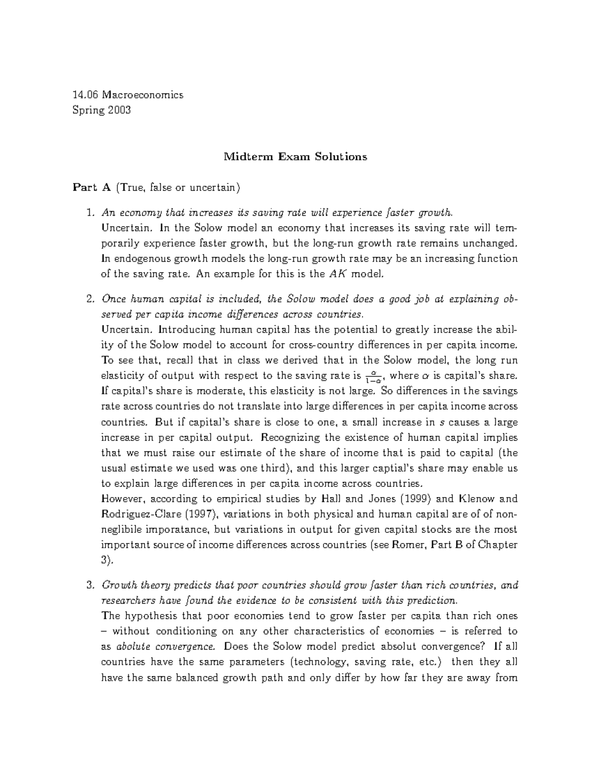 Midterm Exam Solutions for 14.06 Macroeconomics - Spring 2003 - Studocu