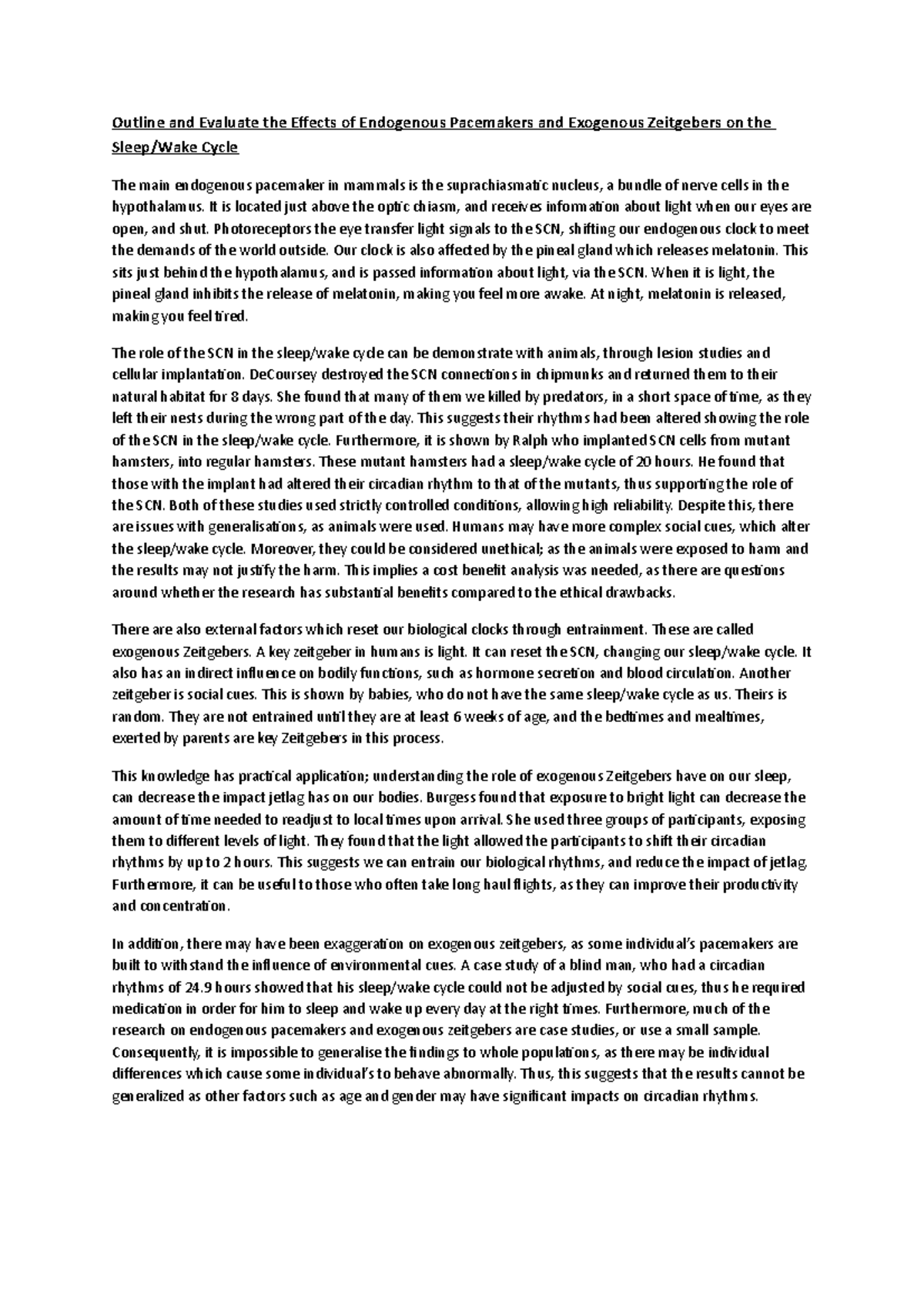 Evaluation of Endogenous Pacemakers & Exogenous Zeitgebers on Sleep ...