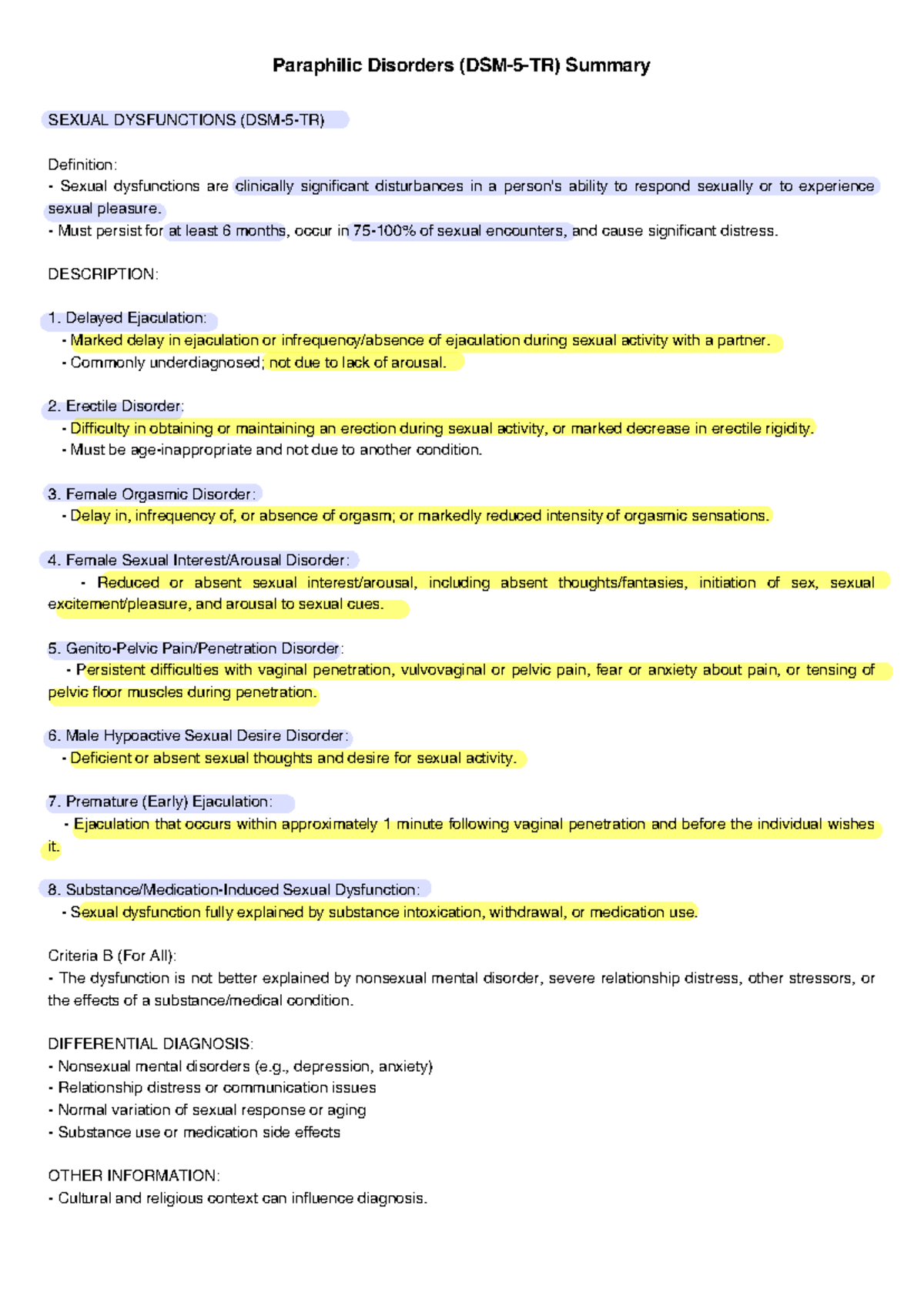 Sexual Dysfunctions Overview: DSM-5 TR Summary Guide - Studocu
