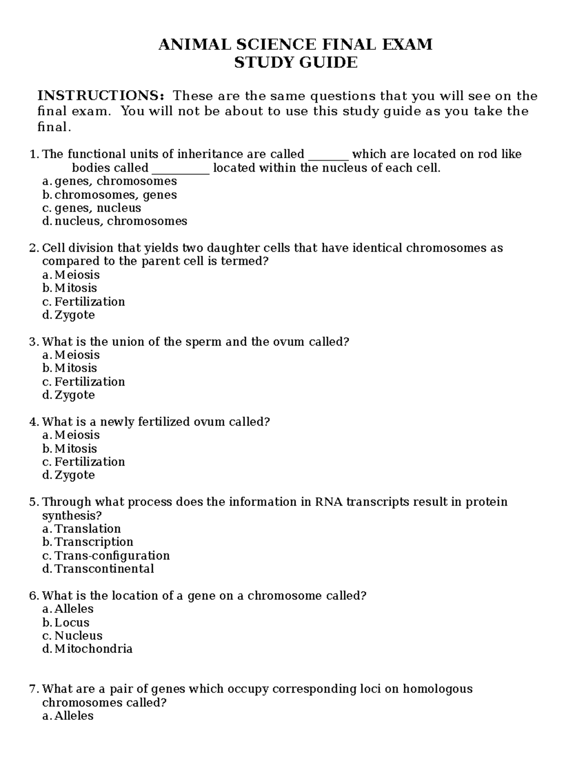 Animal Science 2023 Final Exam Study Guide and Practice Questions - Studocu