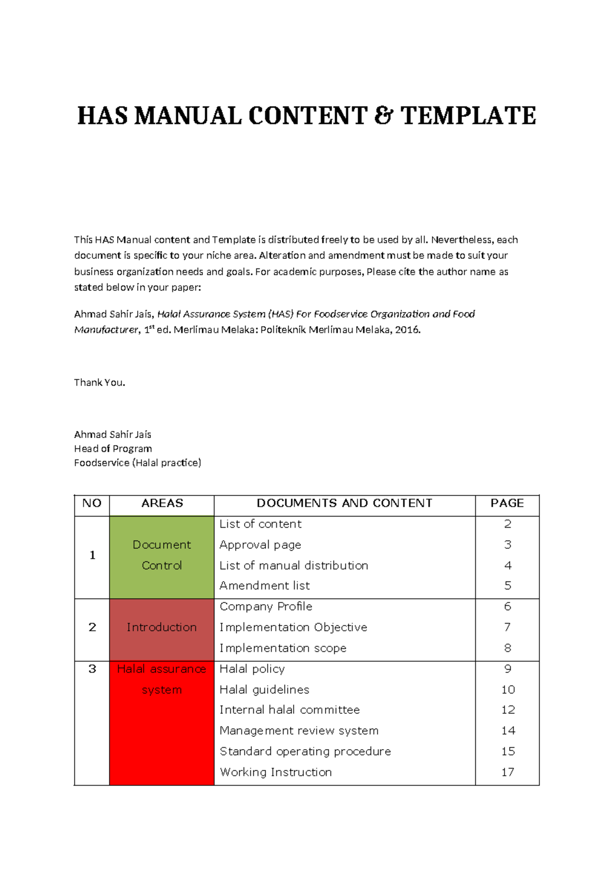 HAS Manual Content & Template for Halal Assurance System (HAS) - Studocu