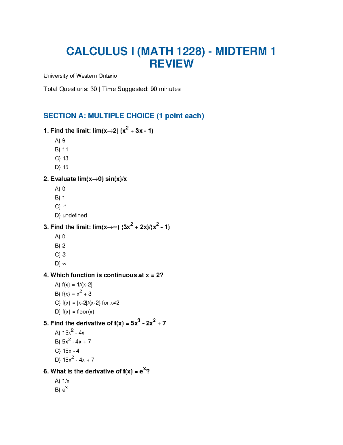 CALCULUS I (MATH 1228) MIDTERM 1 STUDY GUIDE - Studocu