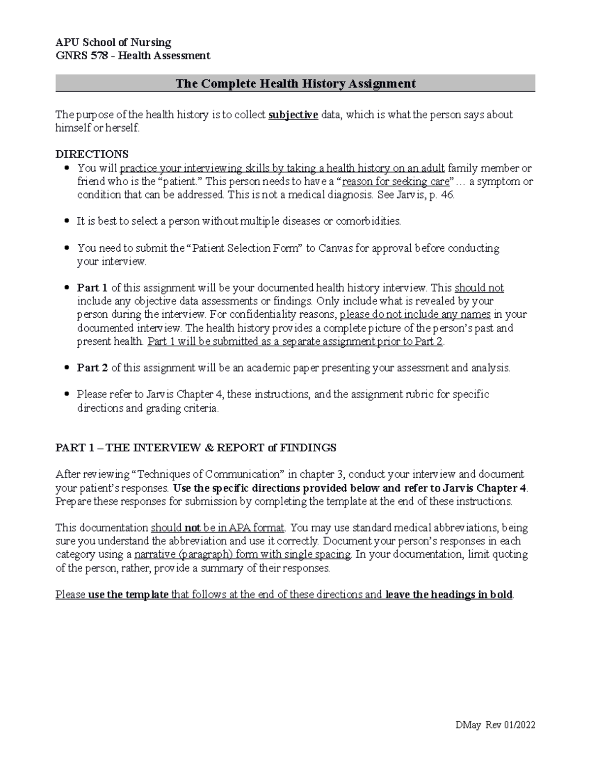 Complete Health History Assignment Guide for GNRS 578 Students - Studocu