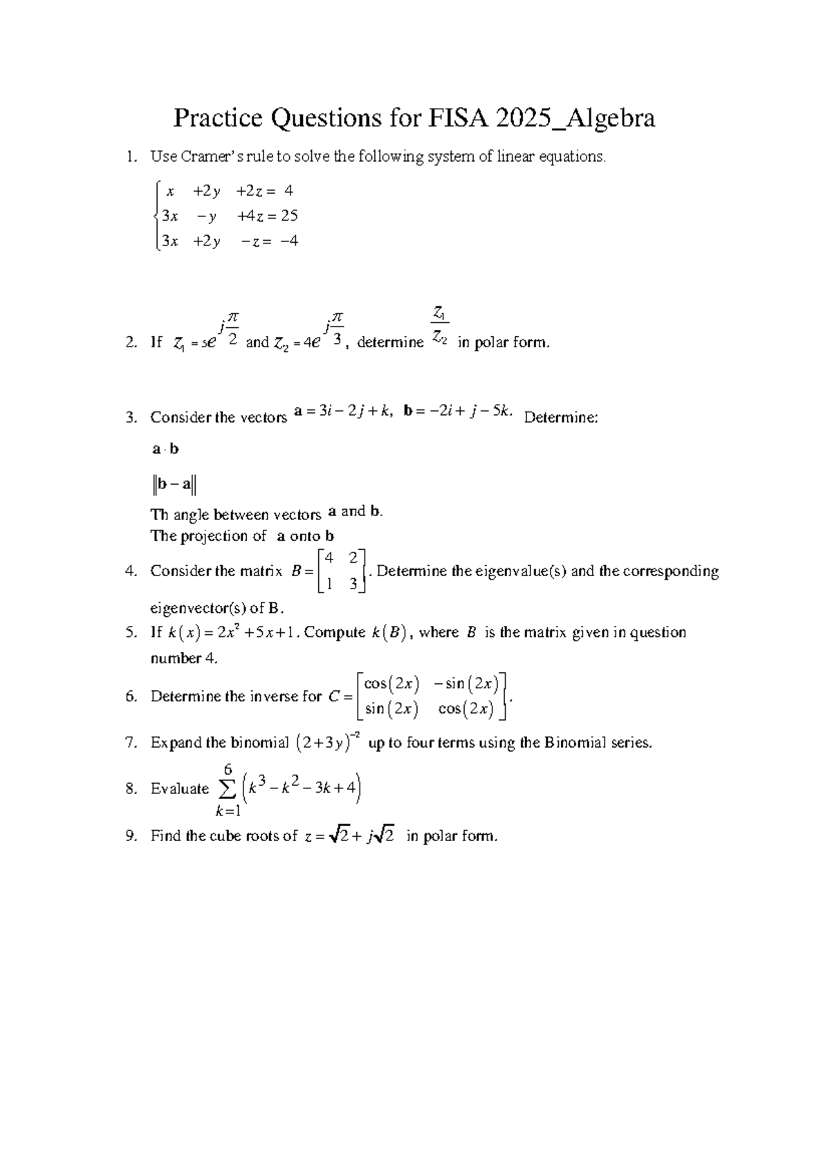 Practice Questions for FISA 2025: Algebra 1 Review - Studocu
