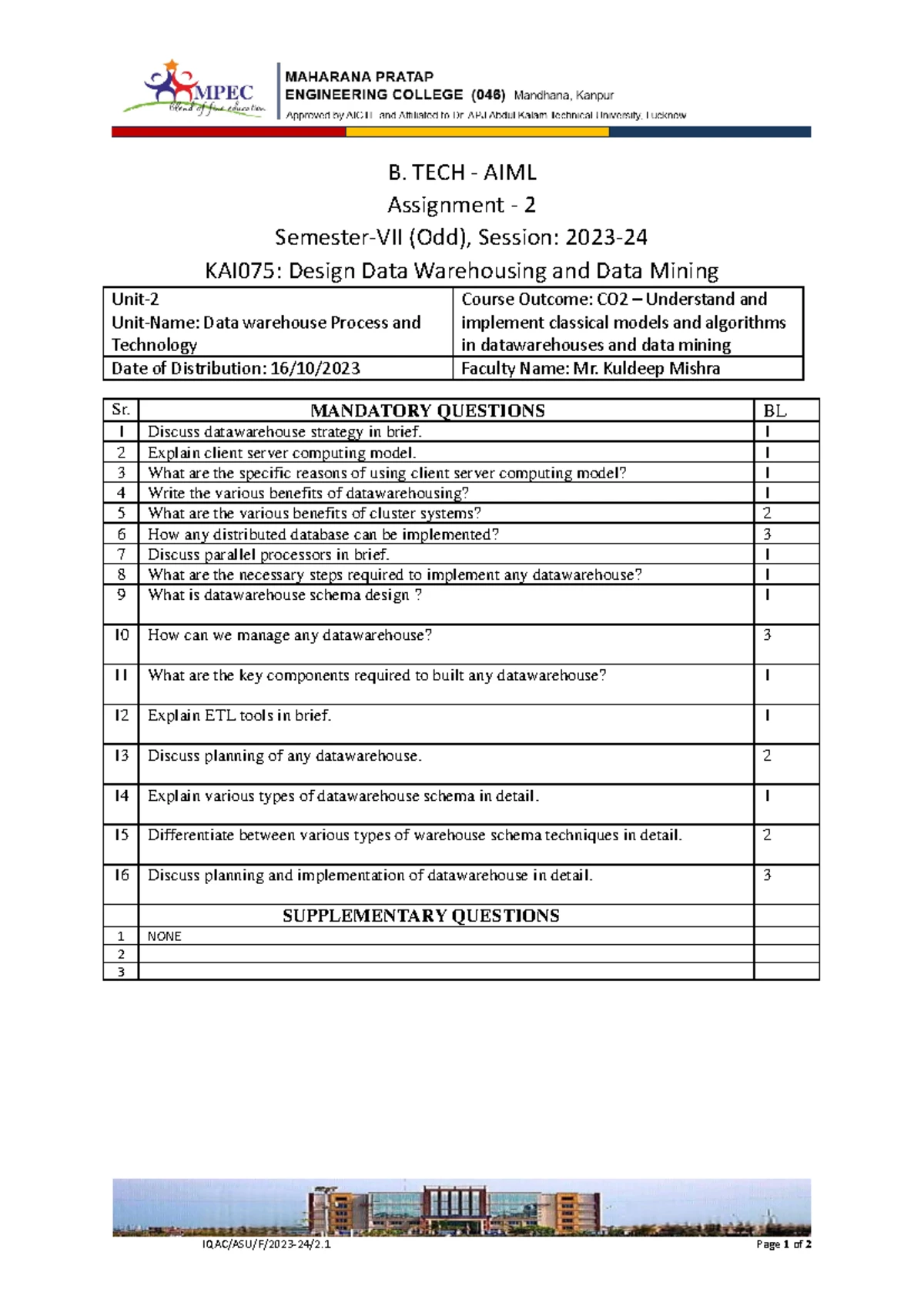 Data Analytics Unit 1 Notes - B.Tech CSE Semester V (Course Code: DA101 ...