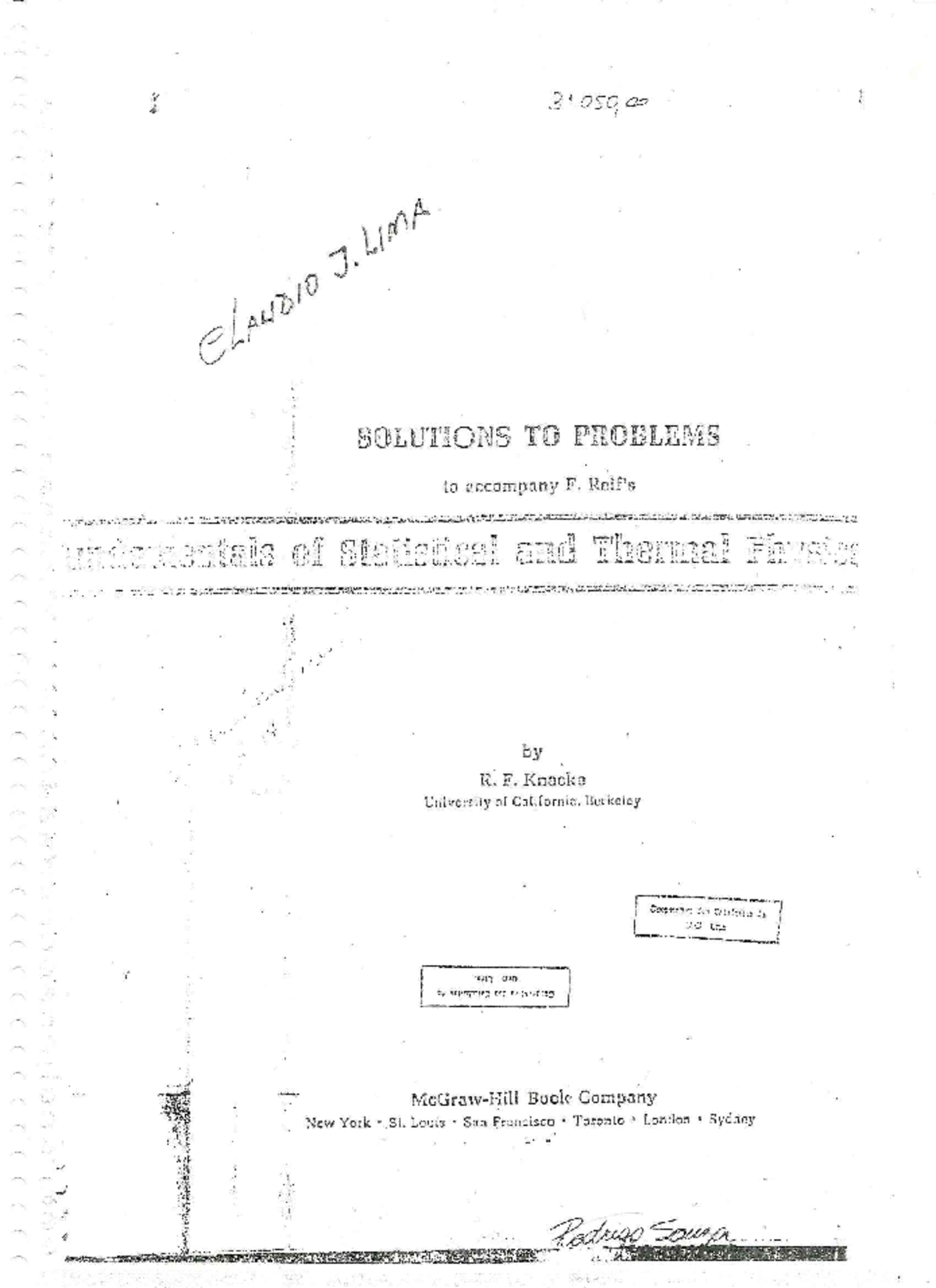 Solutions Manual for Fundamentals of Statistical and Thermal Physics by Frederick Reif ...