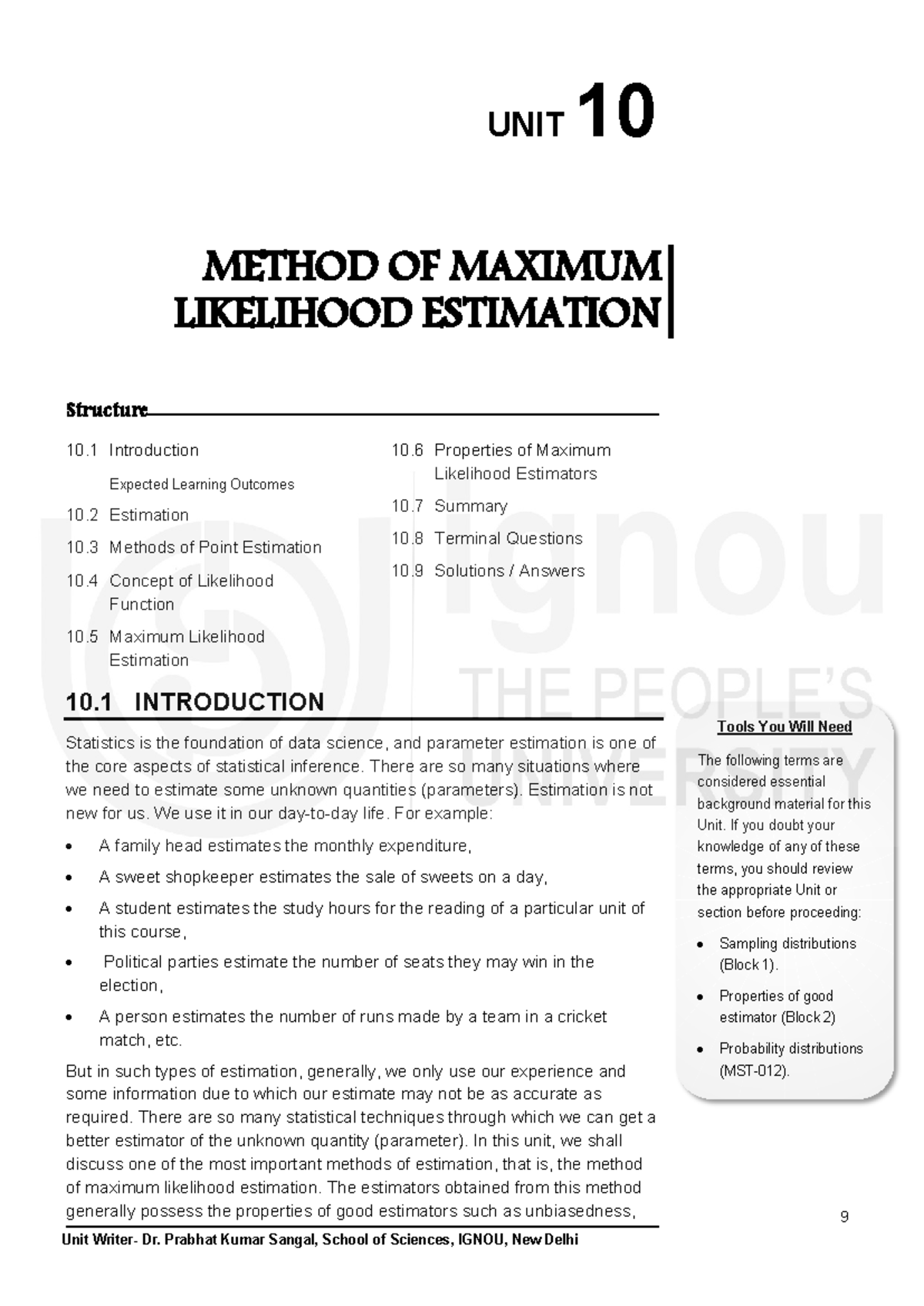UNIT 10: METHOD OF MAXIMUM LIKELIHOOD ESTIMATION - A Comprehensive ...