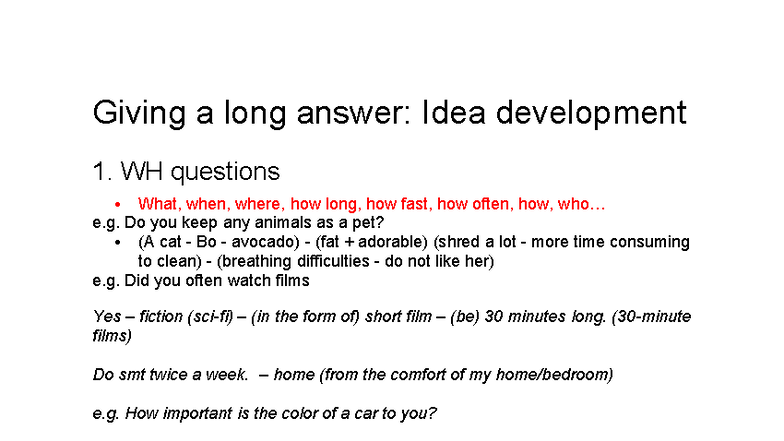 Speaking Skills: Developing Long Answers with WH Questions - Studocu