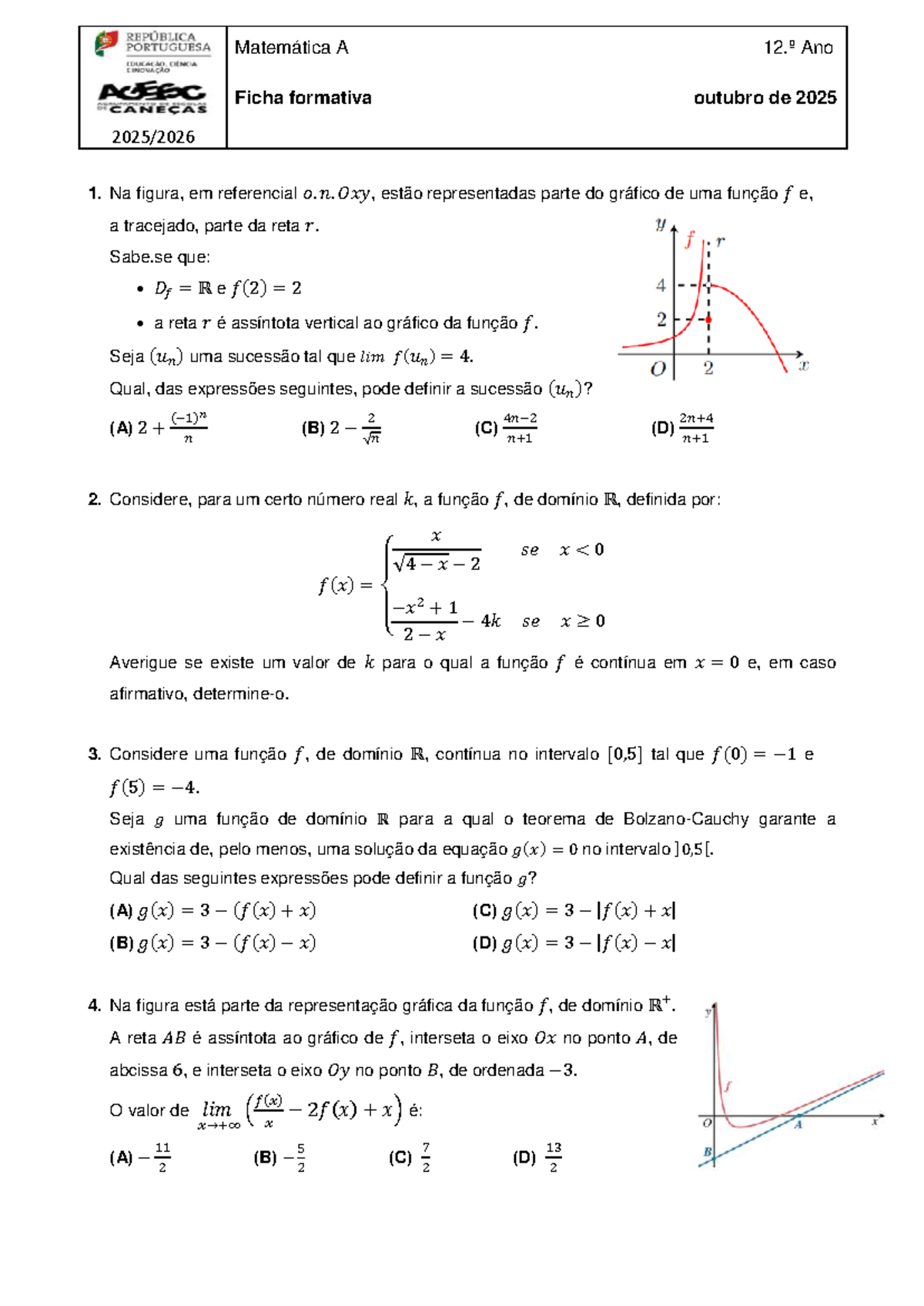 Ficha Formativa de Matemática A 12.º Ano - Outubro 2025 - Studocu