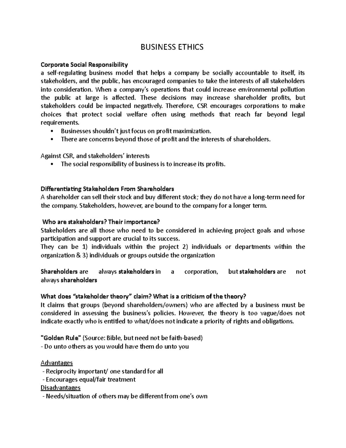 BUS 301: Business Ethics Lecture Notes on CSR and Stakeholder Dynamics ...