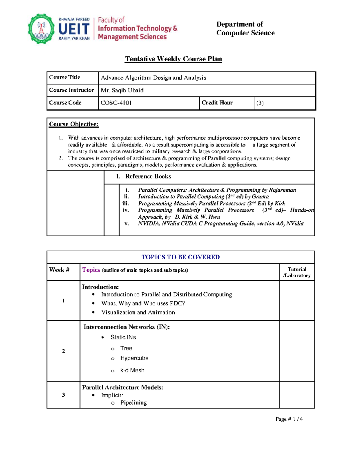 CS-Advanced Algorithms: Tentative Weekly Course Plan - Studocu