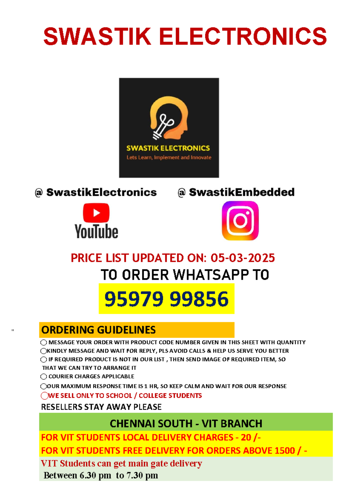 SWASTIK ELECTRONICS COMPONENTS PRICE LIST FOR VIT STUDENTS - Studocu