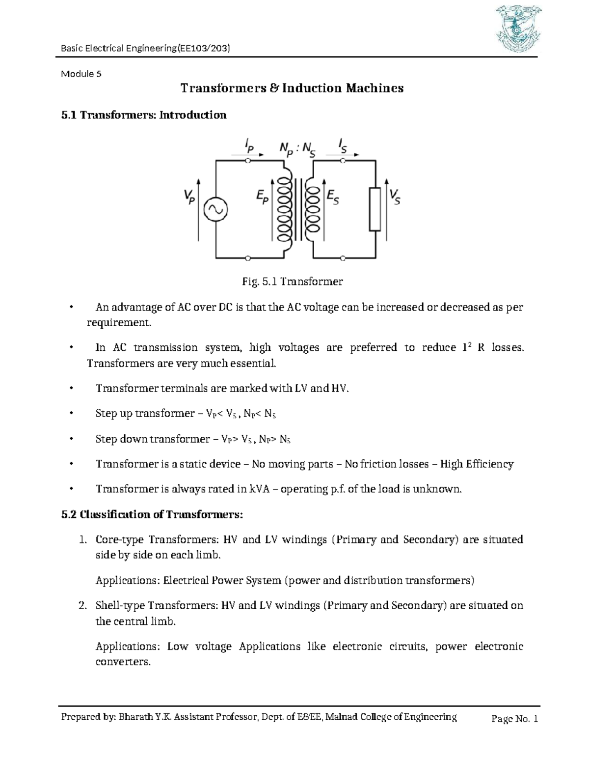 Basic Electrical Engineering - Module 5: Transformers & Induction ...