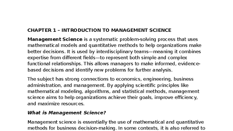 Mansci CHAP 1 - Introduction to Management Science - Studocu