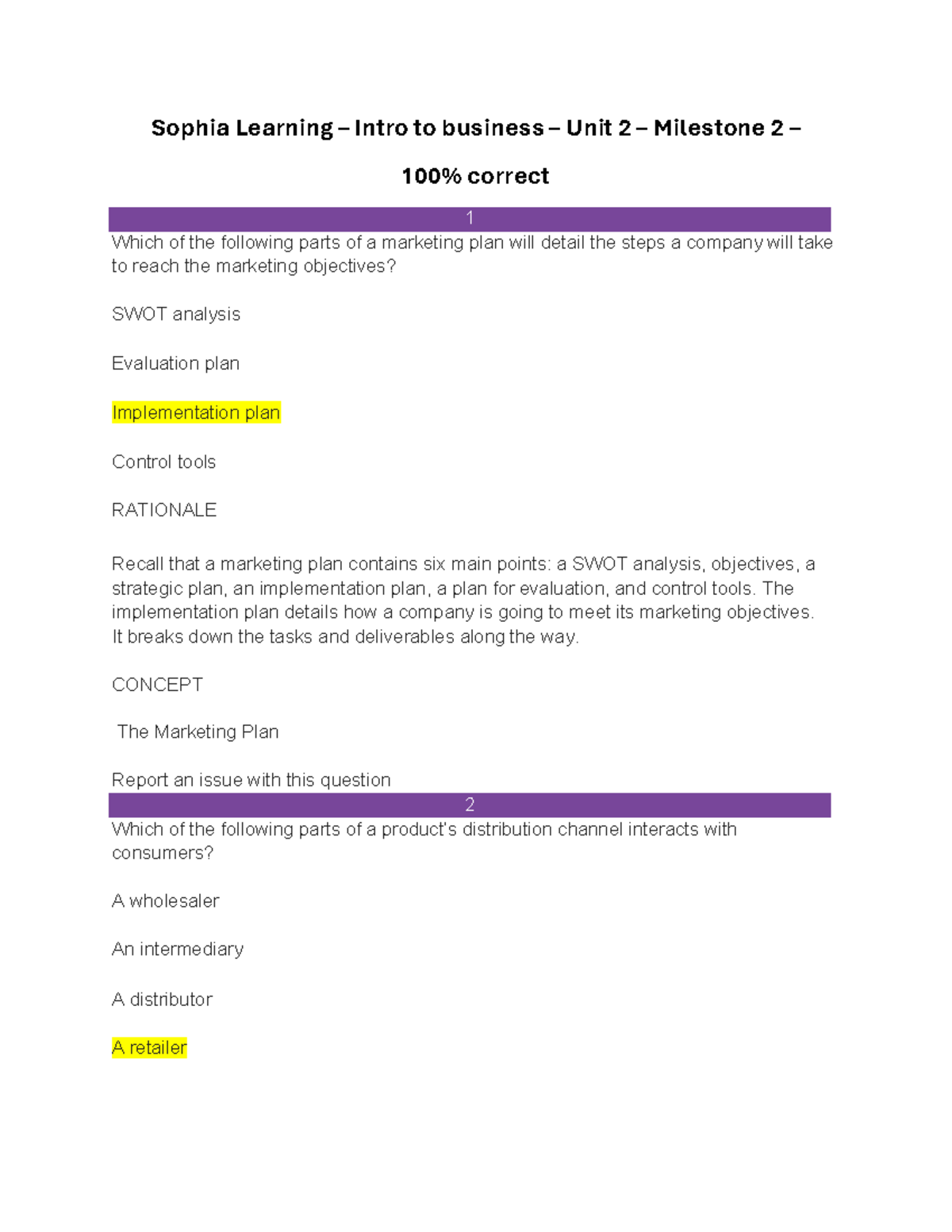 Sophia Learning - Intro to Business - Unit 2 - Milestone 2 Review Notes ...
