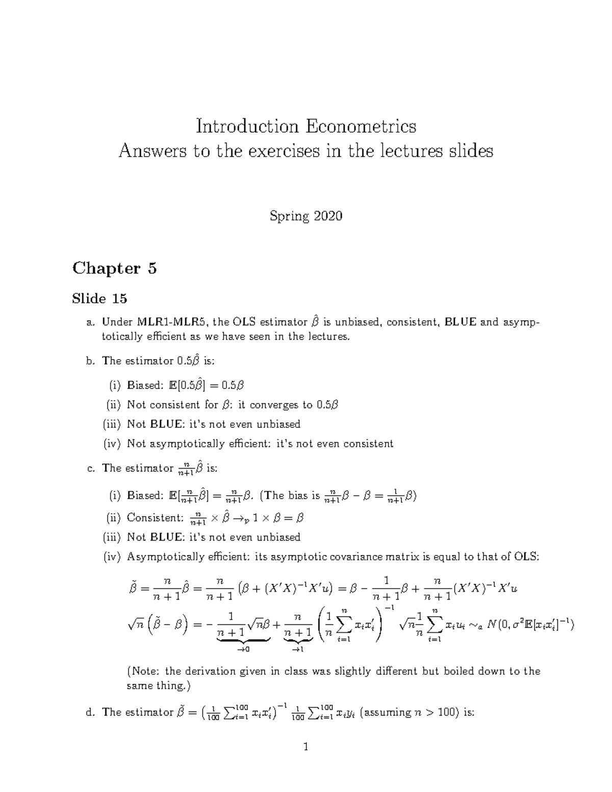 Exercises on Econometrics for Chapter 5 - Spring 2020 - Studeersnel