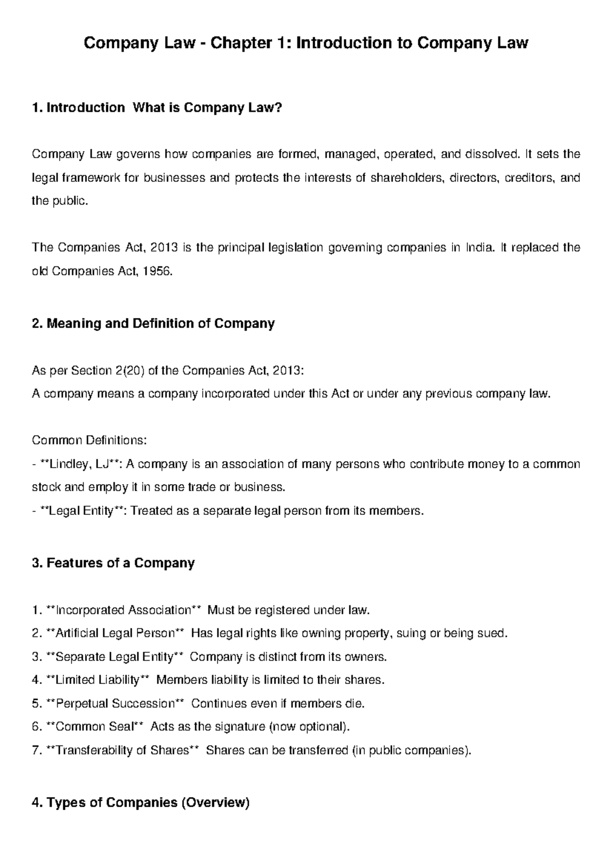 Company Law CH1: Intro to Legal Framework & Key Concepts - Studocu