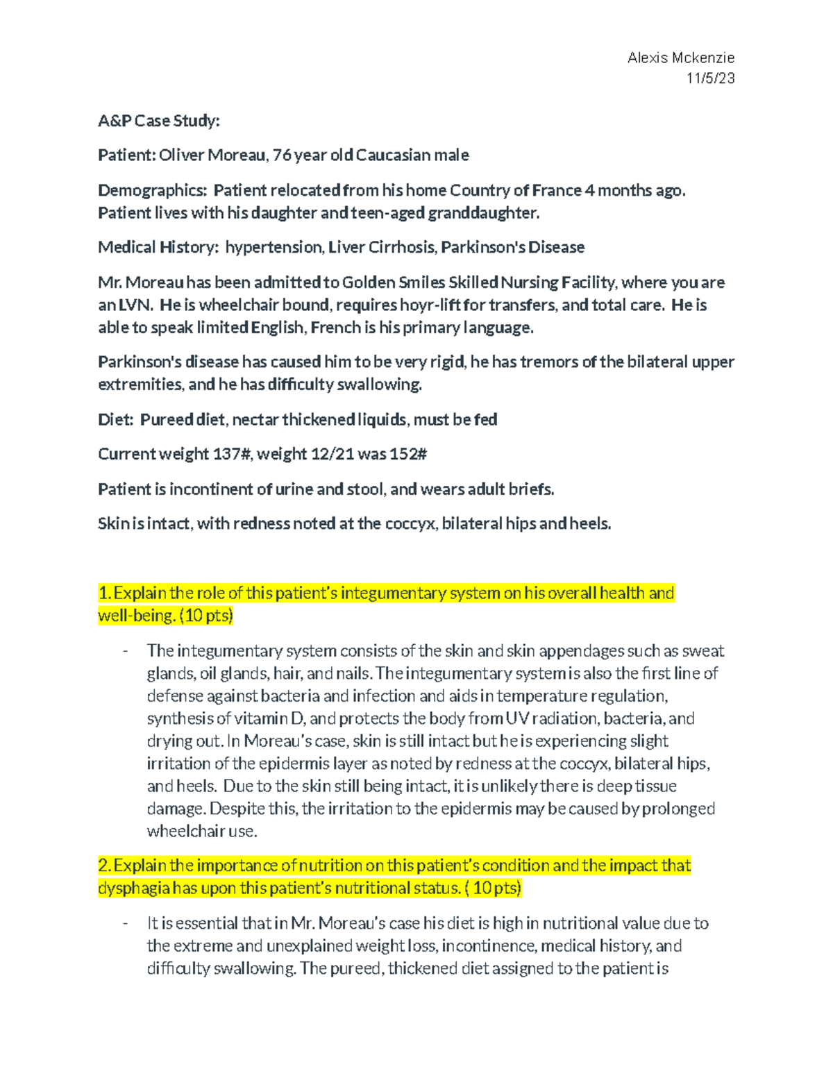 A&P Case Study: Nursing Diagnosis & Care Plan for Mr. Moreau - Studocu
