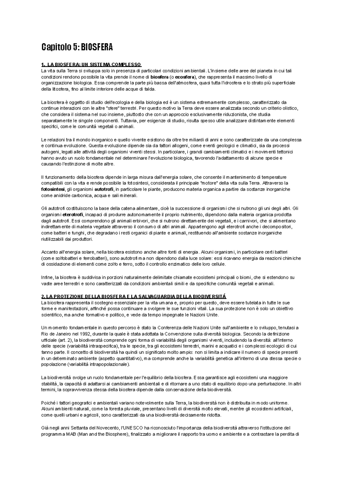 Capitolo 5: La Biosfera e la Sua Complessità - Geografia Generale - Studocu