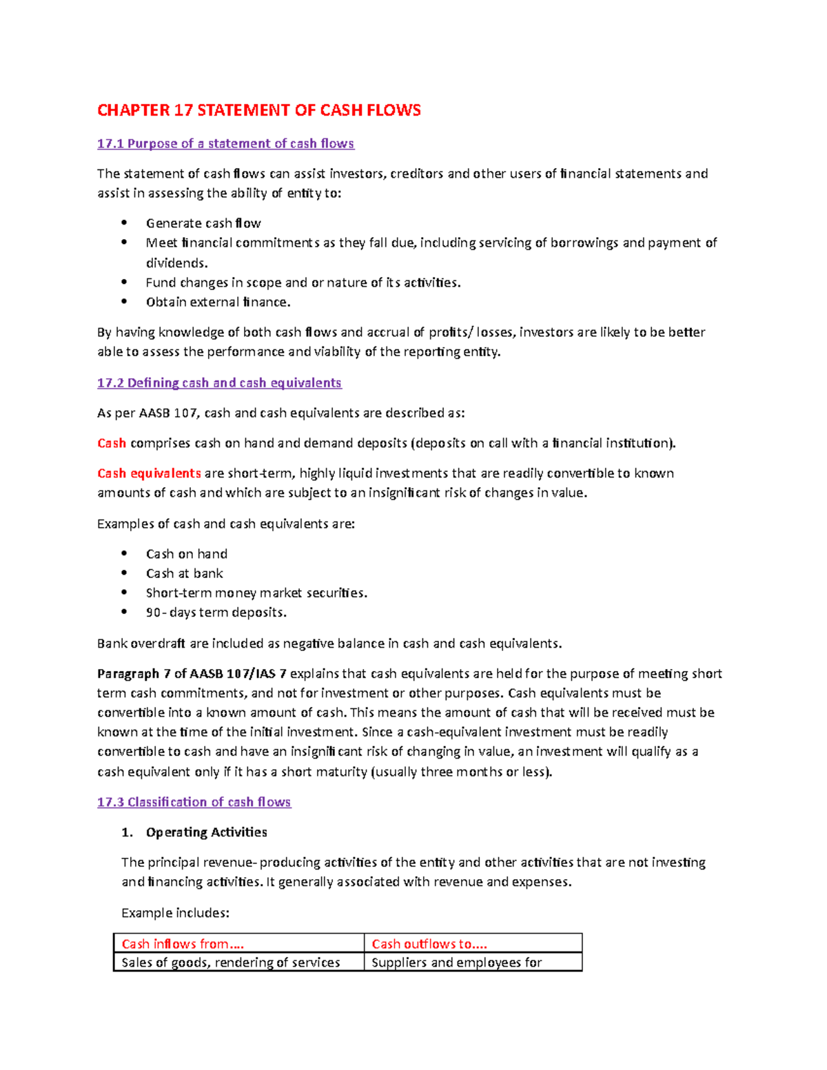 Cash flows statements - Lecture notes 6 - CHAPTER 17 STATEMENT OF CASH ...