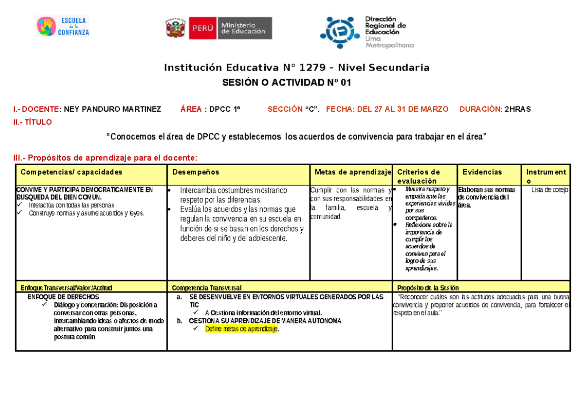 Sesión 01: Normas de Convivencia para el Área de DPCC 1º C - Studocu