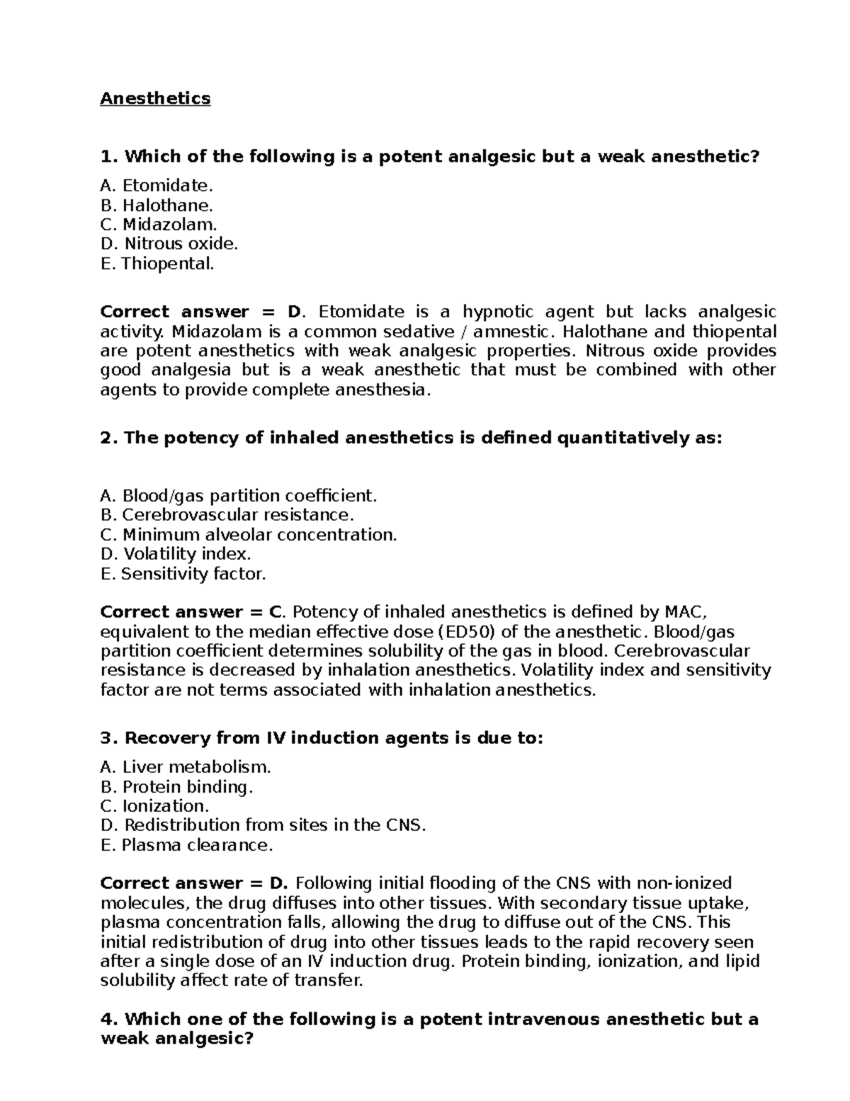 Anesthesia Test Questions and Answers - ANE 305 - Studocu