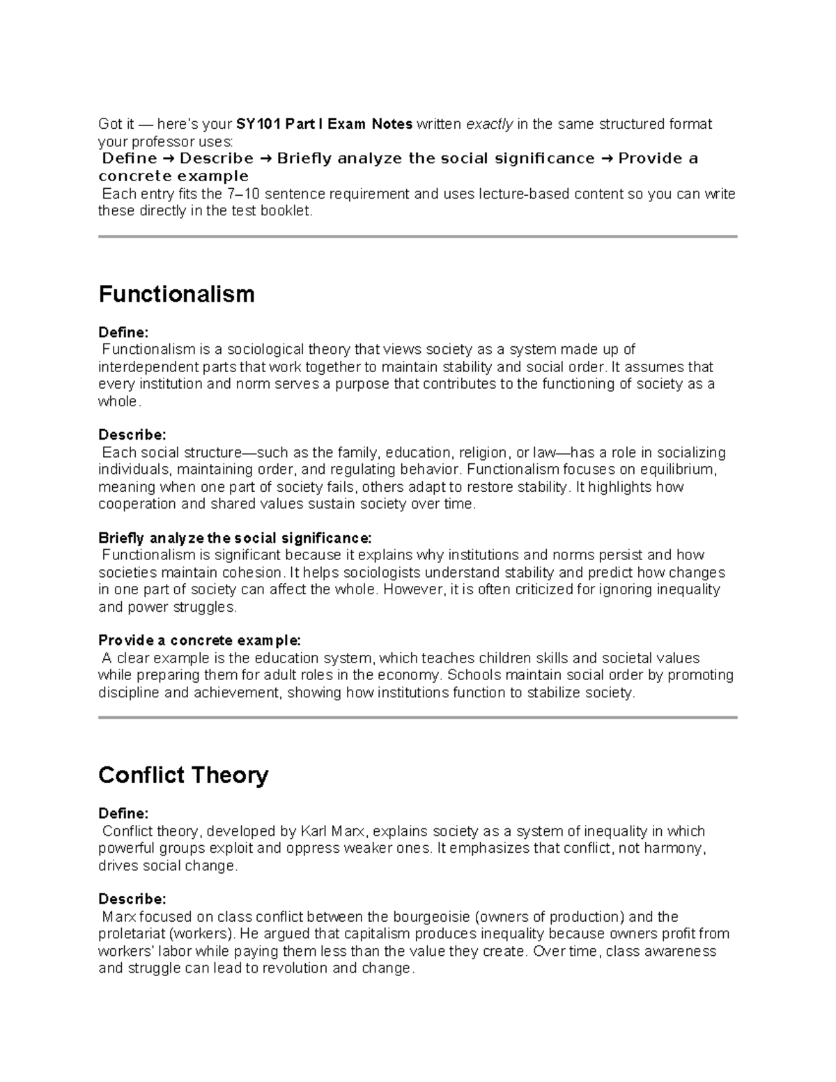 SY101 - Comprehensive Exam Notes on Key Sociological Theories - Studocu