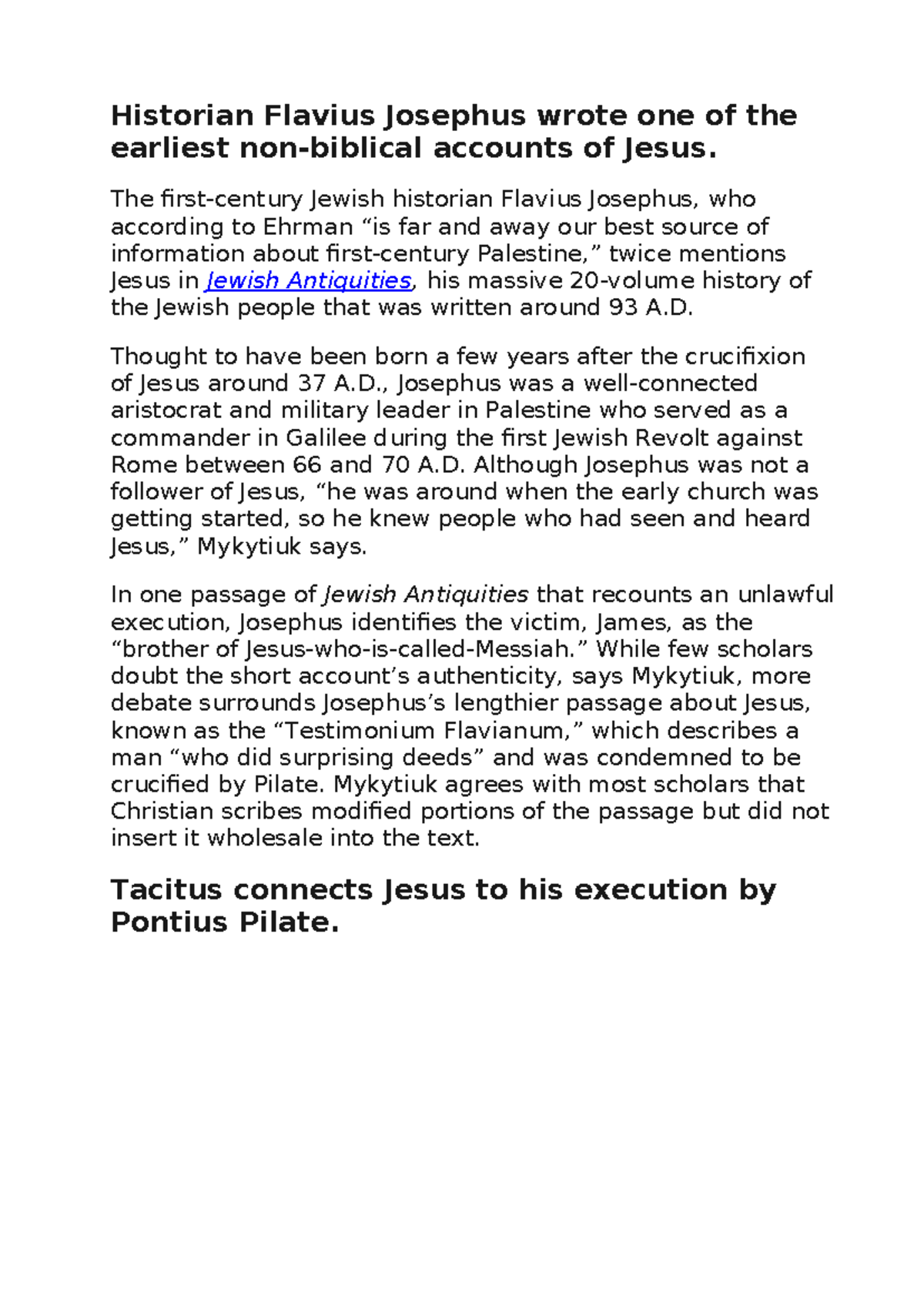 HIST 101: Flavius Josephus and His Accounts of Jesus' Existence - Studocu