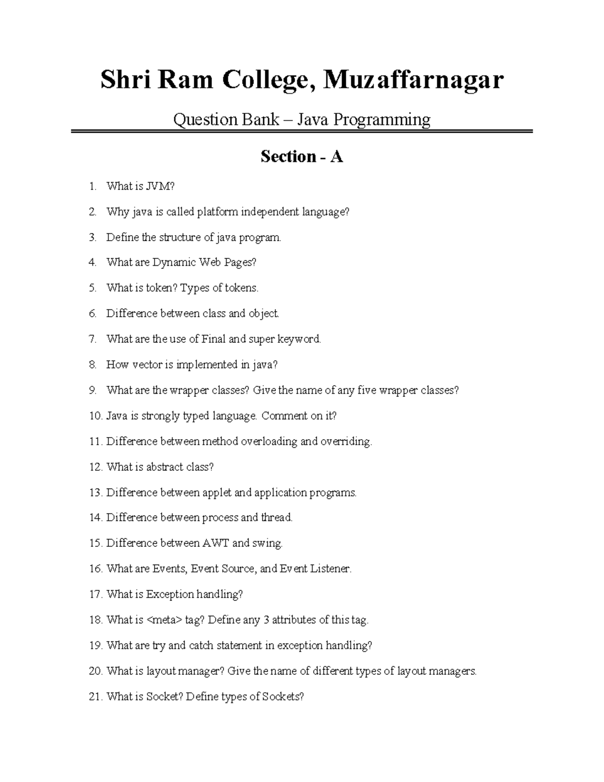JAVA Question Bank - 5th Semester Exam Preparation - Studocu
