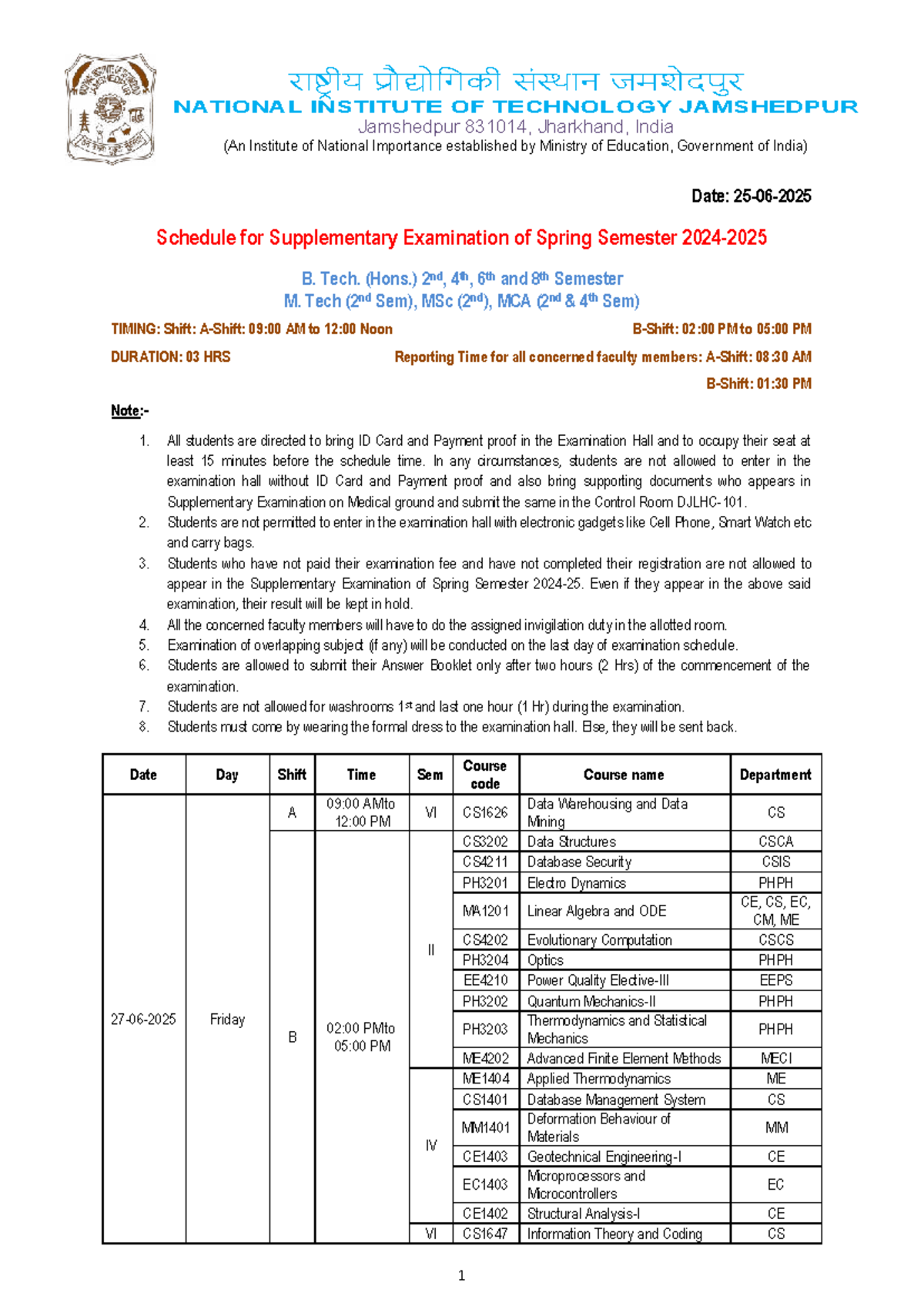 Supplementary Exam Schedule for Spring Sem 2024-2025 (B.Tech & M.Tech ...