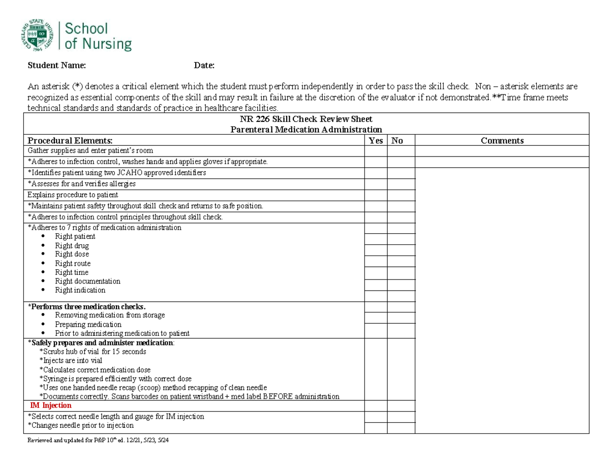 NR 226 Skill Check Review: Parenteral Medication Administration - Studocu