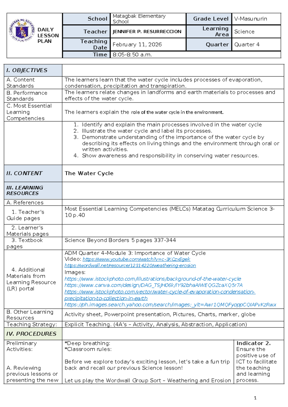 Q4 Science 5 Daily Lesson Plan: Understanding the Water Cycle - Studocu