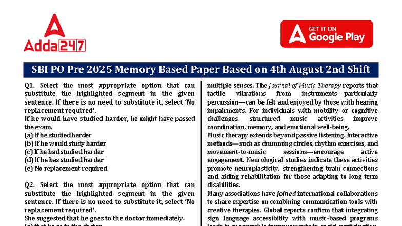 SBI PO Pre 2025 Memory Based Paper: 4th August 2nd Shift Analysis - Studocu