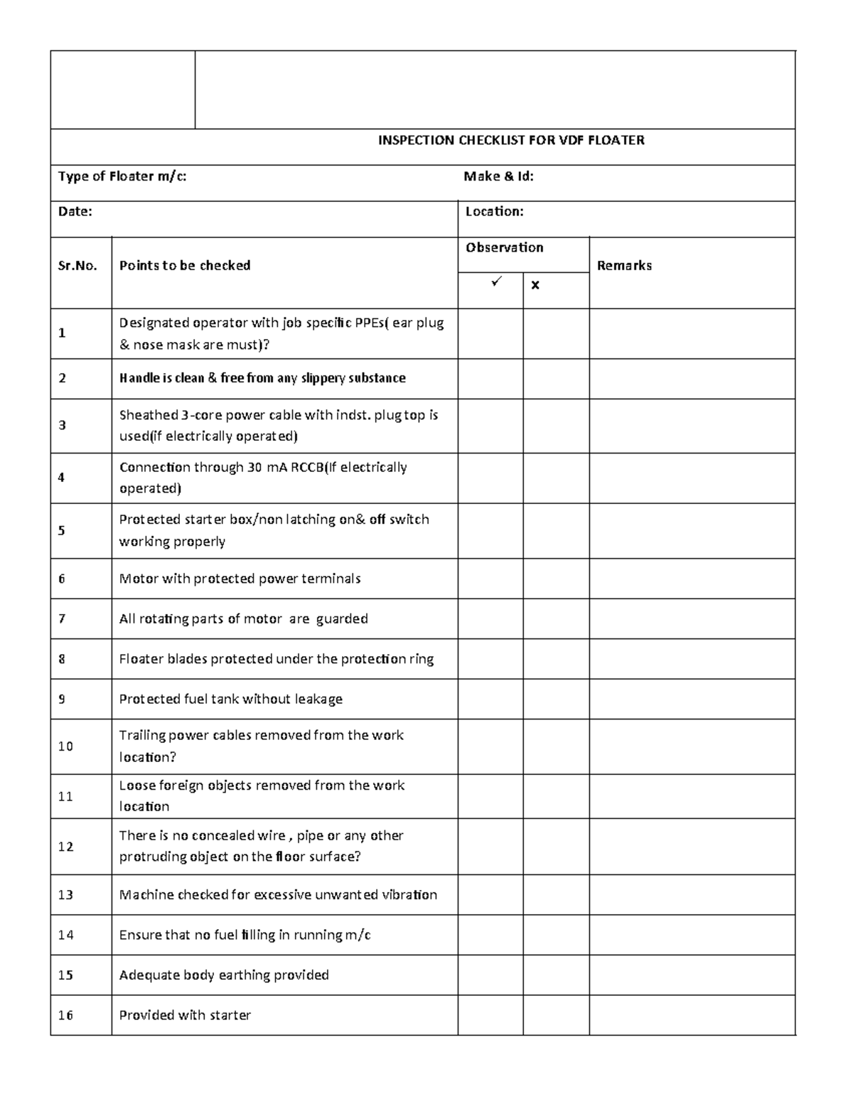VDF Floater Inspection Checklist: Safety & Operational Points - Studocu