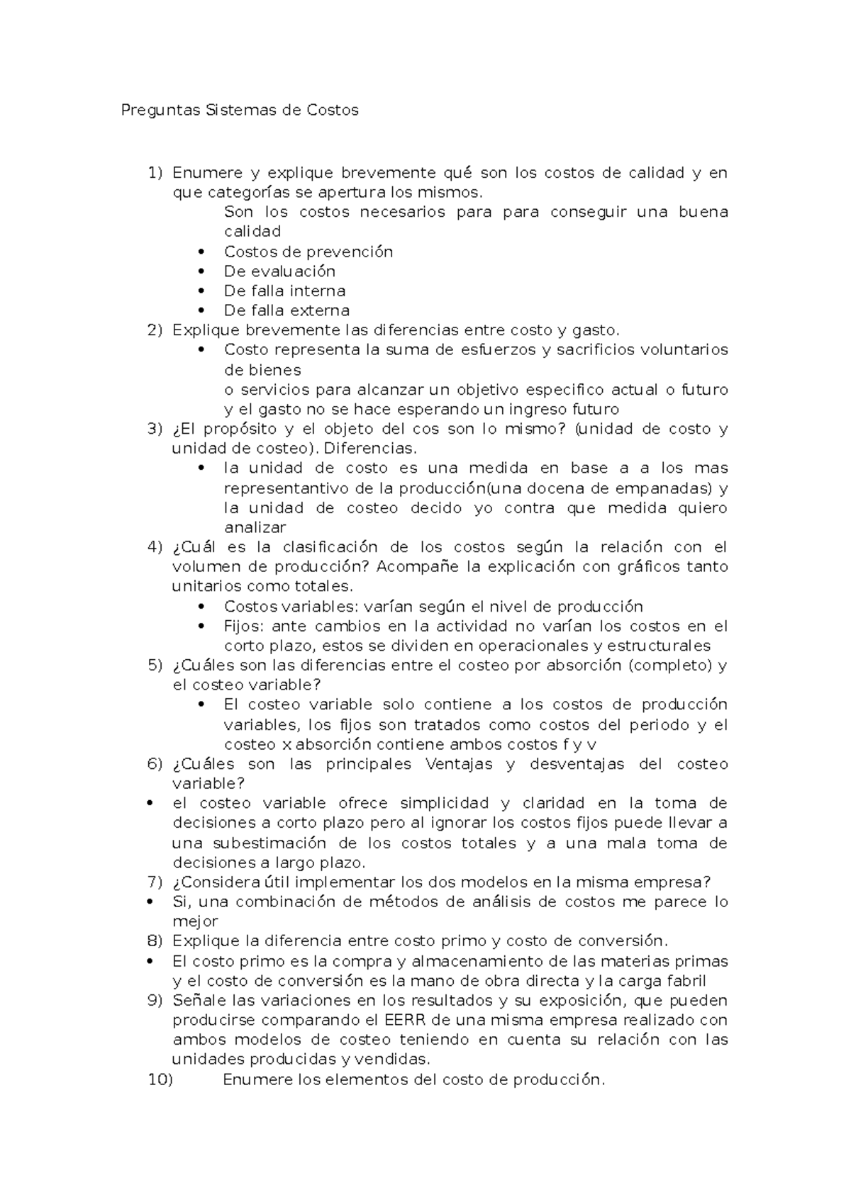 Preguntas sobre Sistemas de Costos: Análisis y Clasificación de Costos ...